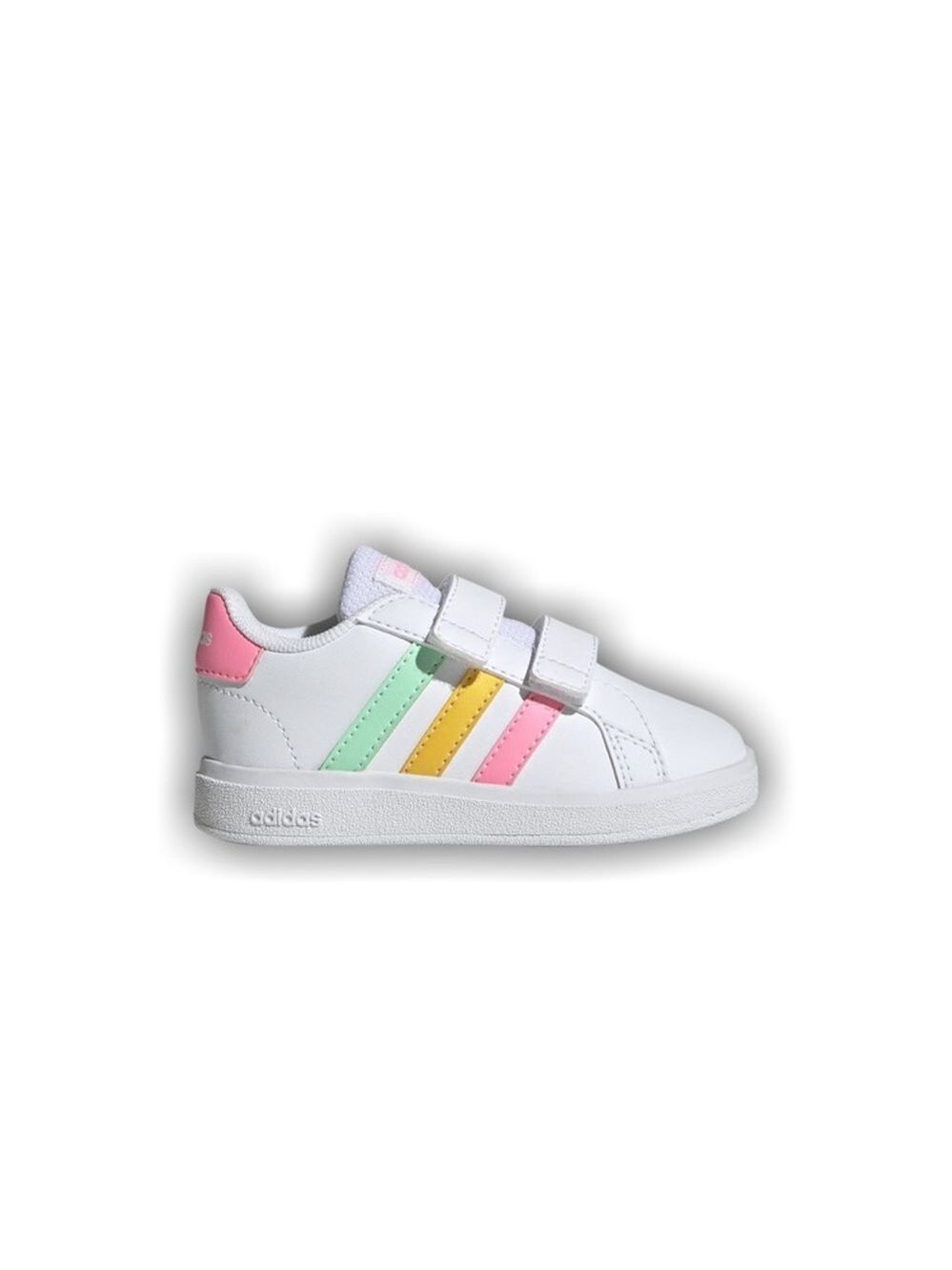 Size 8Toddler Girls Adidas Kids Sneakers with Pink, Yellow, and Green Stripes